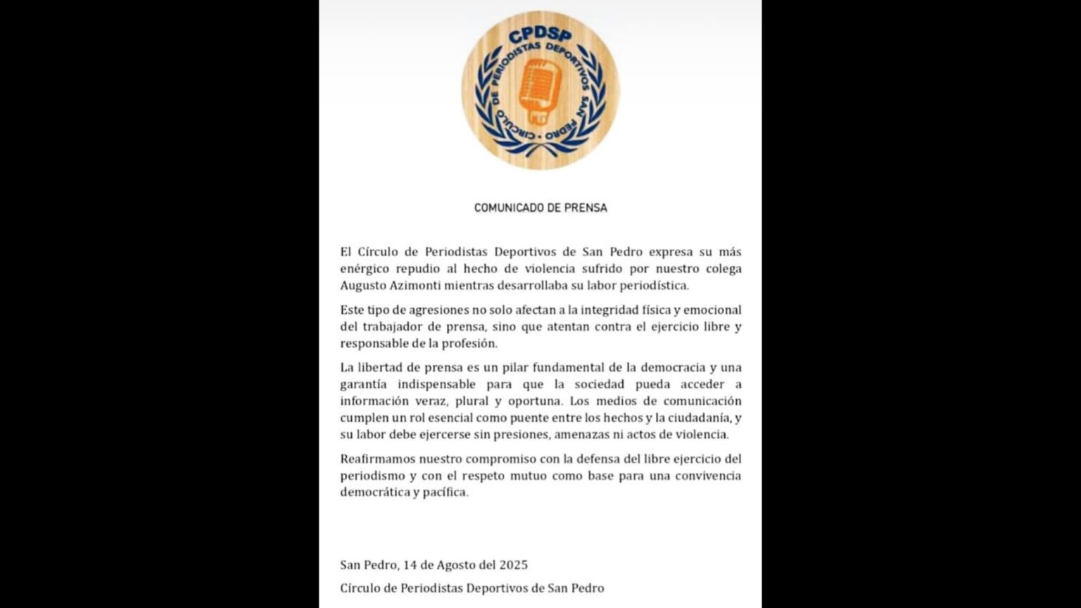 El Círculo de Periodistas Deportivos repudió la agresión sufrida por Augusto Azimonti | FM Avenida