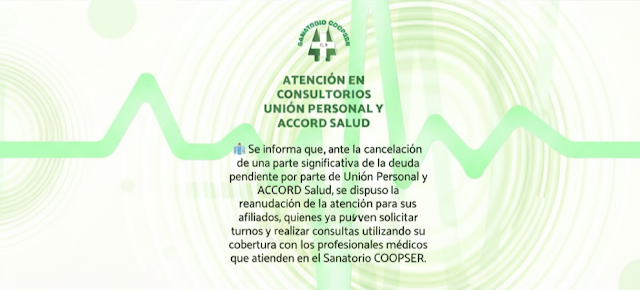 Sanatorio COOPSER reanuda la atención de Unión Personal y Accord Salud para consultorios y laboratorio | FM Avenida