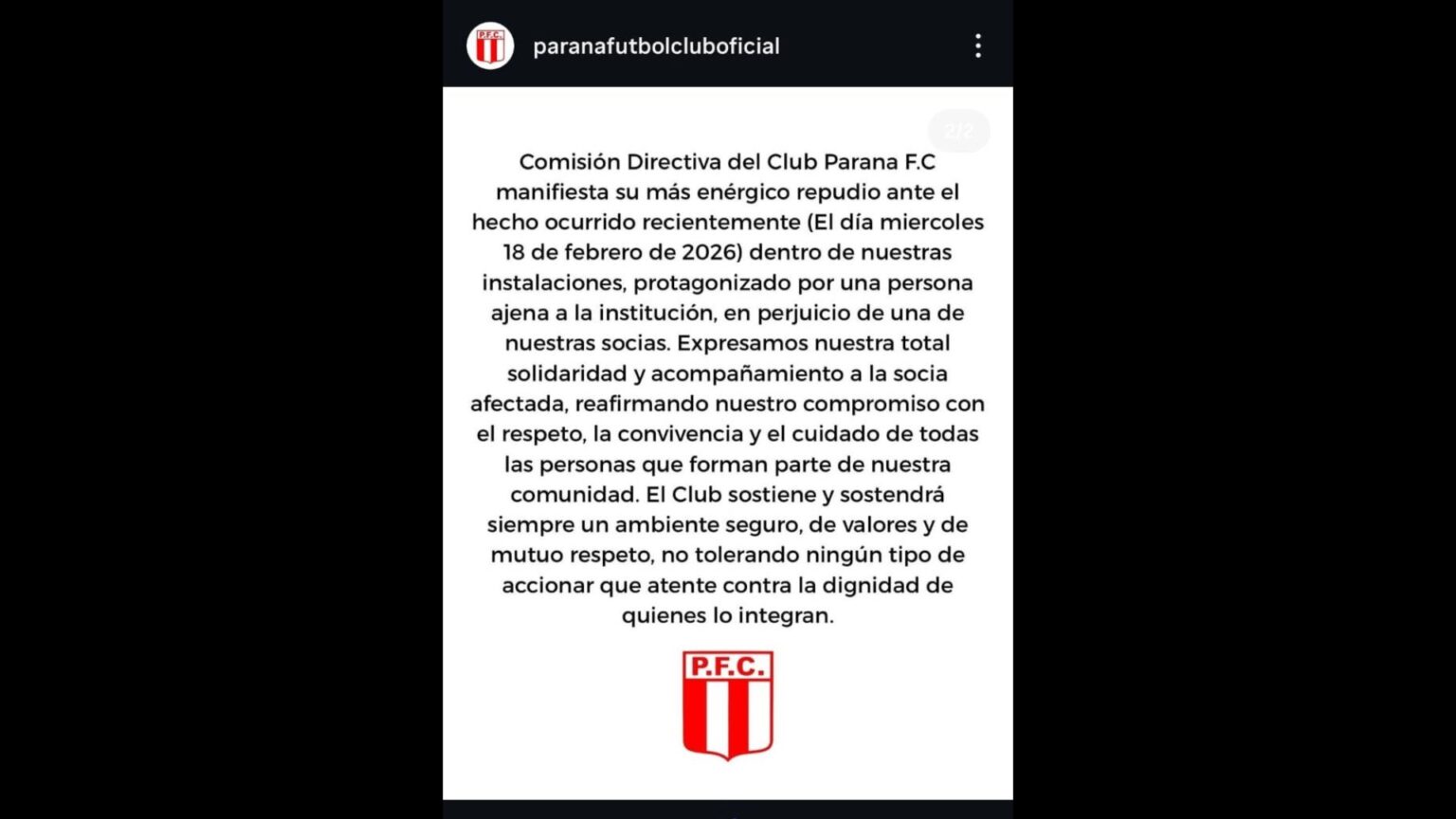 Paraná F.C. repudió un hecho ocurrido en sus instalaciones y expresó su apoyo a una socia afectada | FM Avenida